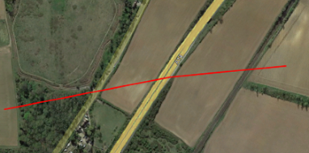 : The crossing under a Network Rail asset, the A14 dual carriageway, and the B1506 road