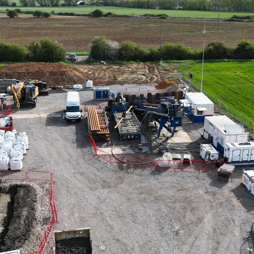 Aerial of a drill site with the 250t rig