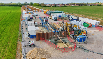 Aerial image showing a horizontal directional drilling rig