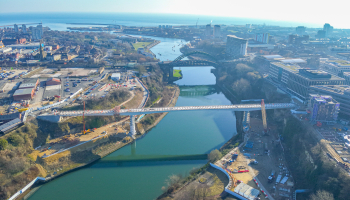 Aerial view of footbridge being built over River Wear