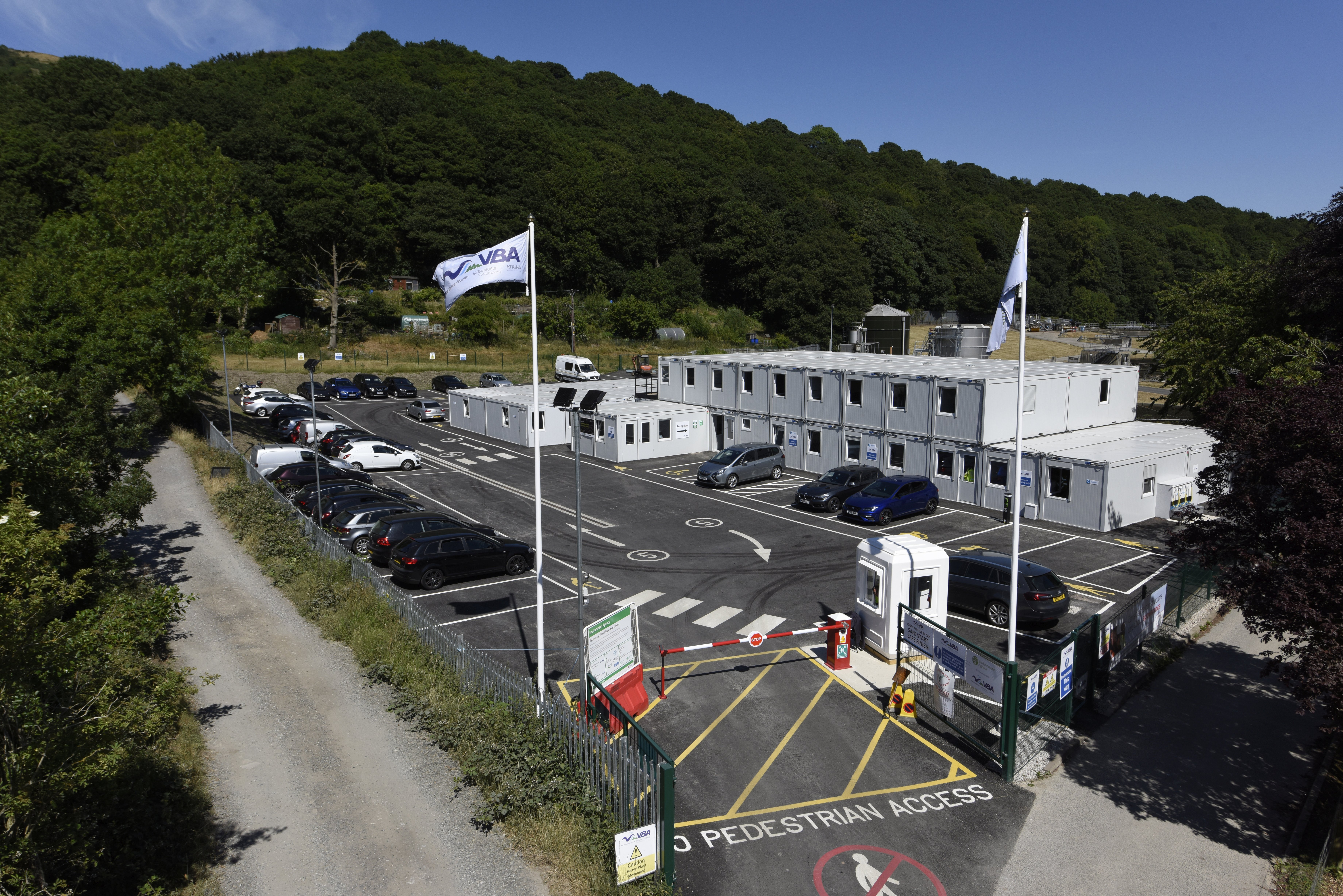 Aerial shot of the site accommodation set up at Mytholmroyd flood defence scheme